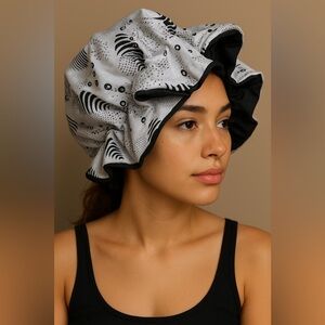 Black & White Pattern satin Bonnet (flaired trimming)